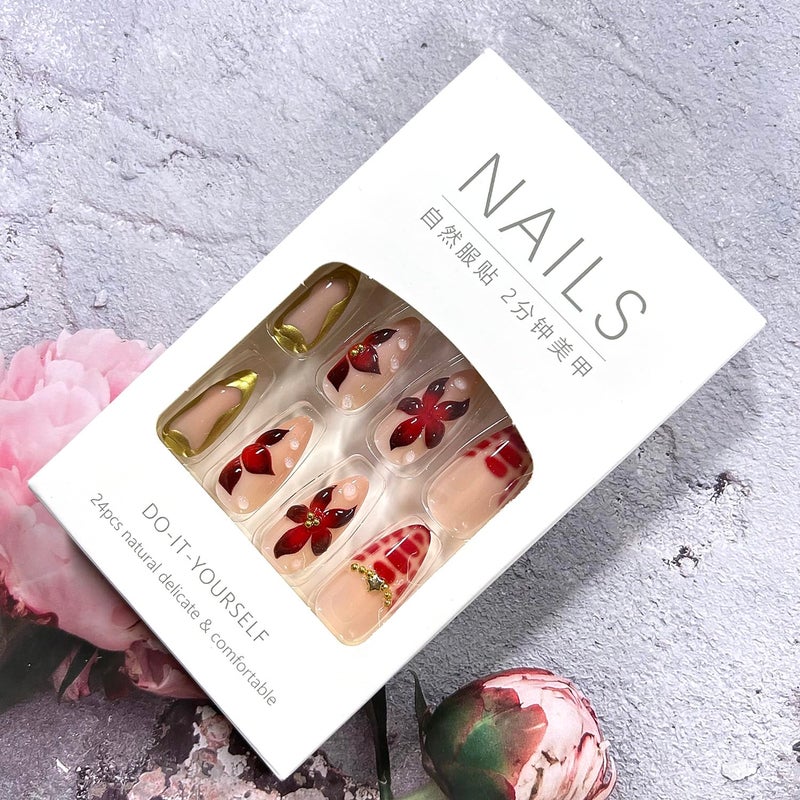 CJDLTS 24Pcs 3D Flower Fake Nail Medium Almond Gold Stars Rhinestones Lines Design Stick on Nails Full Cover Reusable Coffin Press on Nails Artificial Acrylic Fingernails for Women Manicure - Image 5
